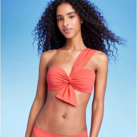 SHADE & SHORE BIKINI TOP ONE SHOULDER TWIST FRONT BOW TAIL WOMEN'S RED CORAL NWT - Picture 3 of 7